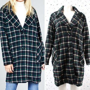 Single Breasted Plaid Pea Coat Jacket Green/Navy